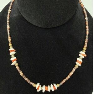 Vintage Heishi Puka Shell Coral Bead Choker Necklace 17" Retro Surfer Beach Vibe